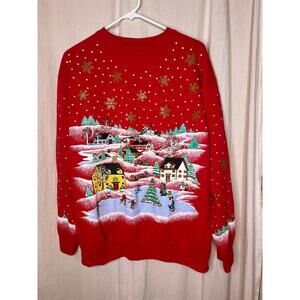 1980s Holiday Time Christmas Scenic Village Town Snowflake Winter Sweatshirt XL
